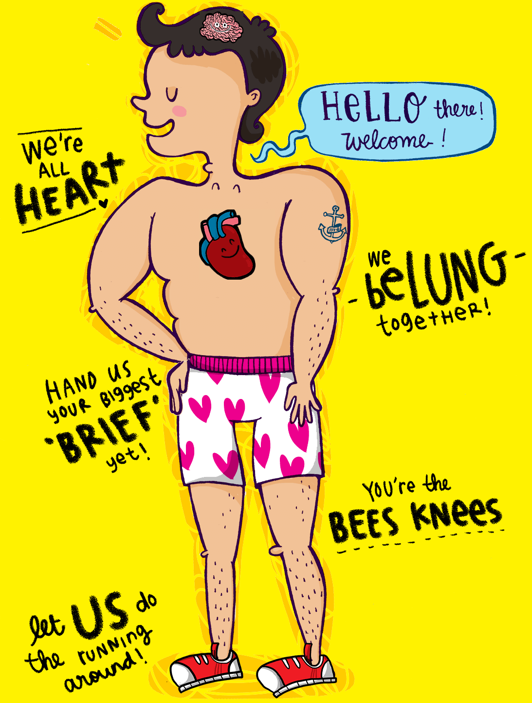 Evenflow’s original illustrated mascot in heart-print shorts, with messages about heart, ideas and doing the running around.