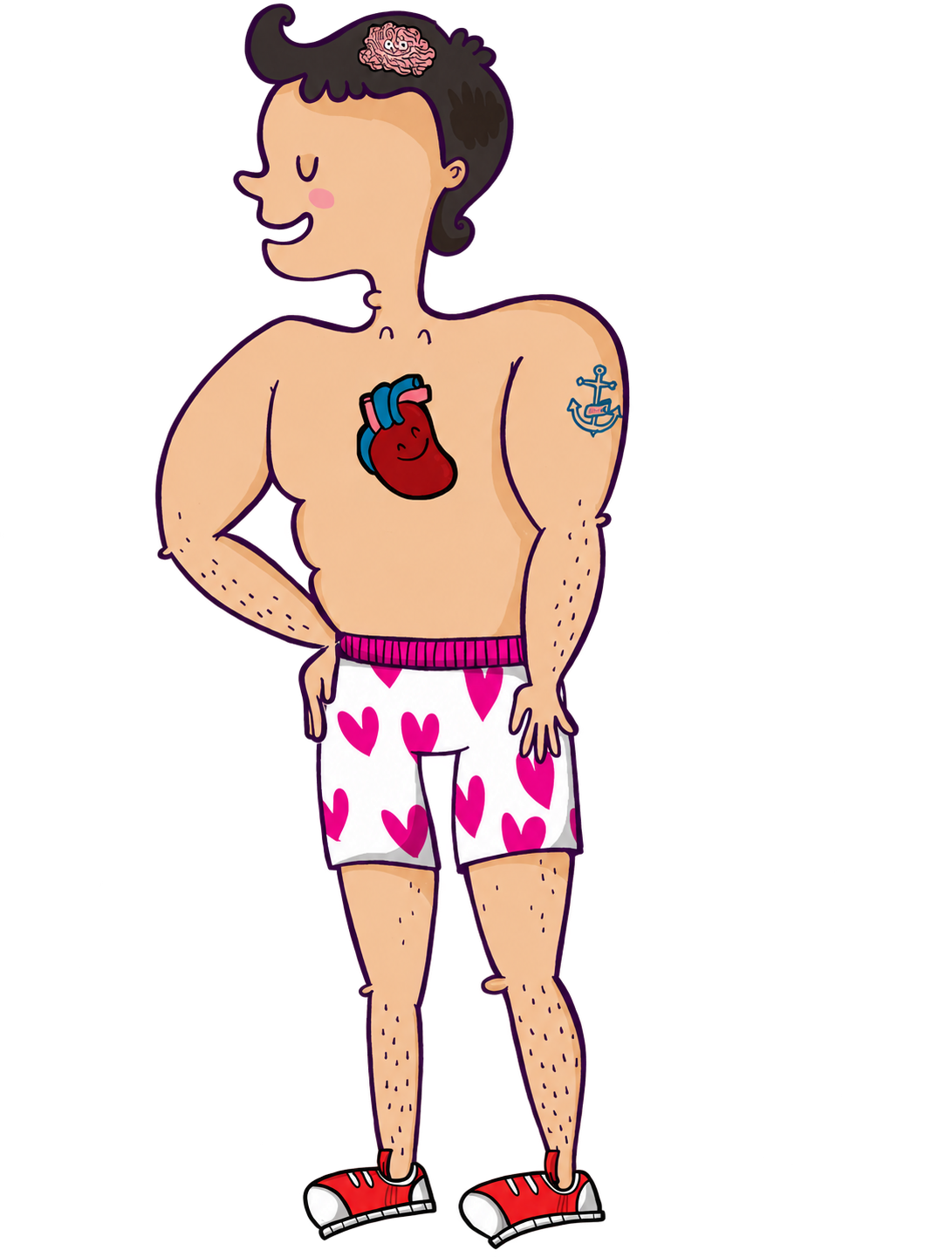 evenflow’s original shirtless mascot in heart-print shorts and red sneakers, with his heart and anchor tattoo.